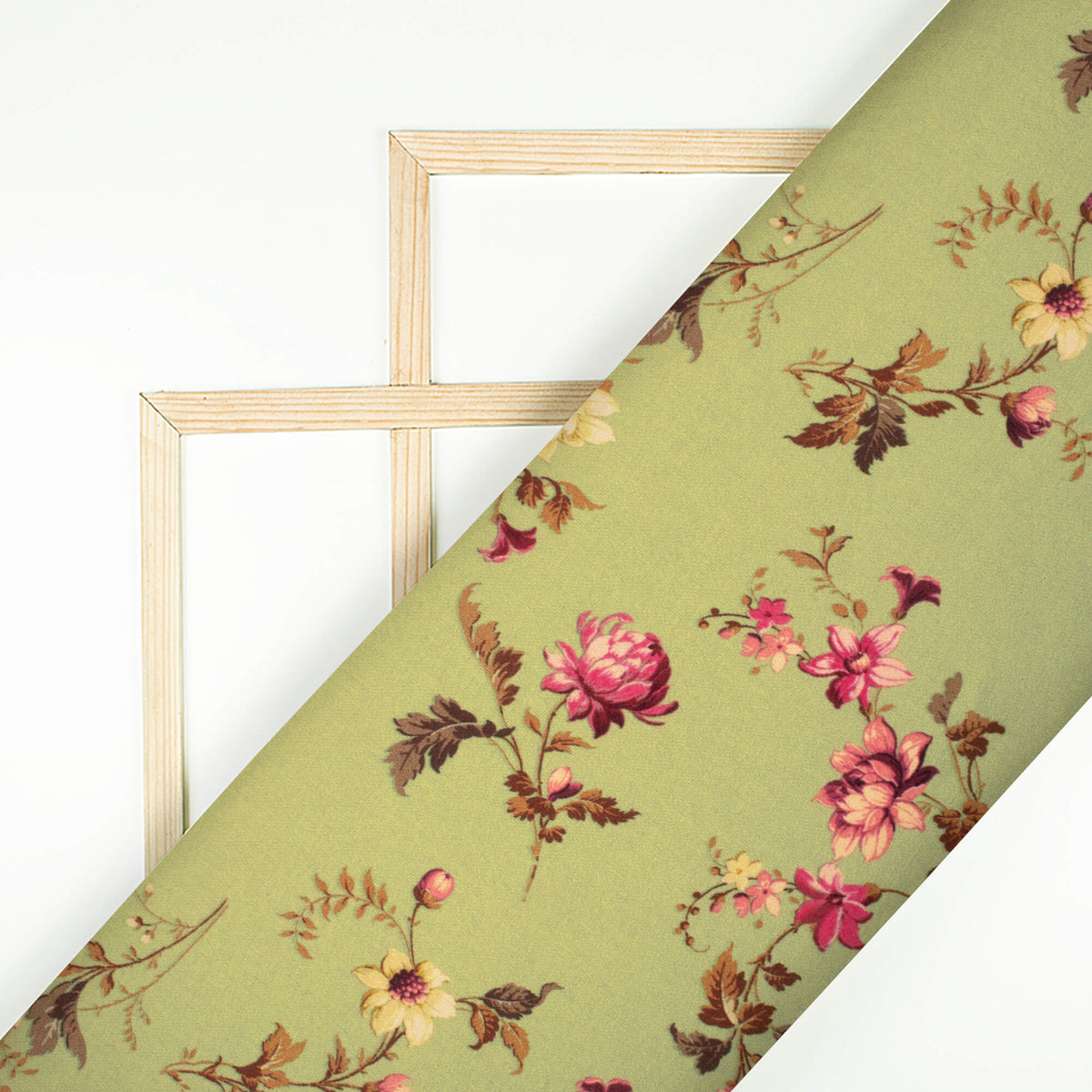 Moss Green And Pink Floral Pattern Digital Print Premium Lush Satin Fabric