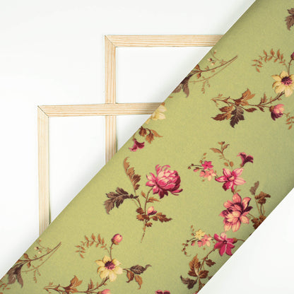 Moss Green And Pink Floral Pattern Digital Print Premium Lush Satin Fabric