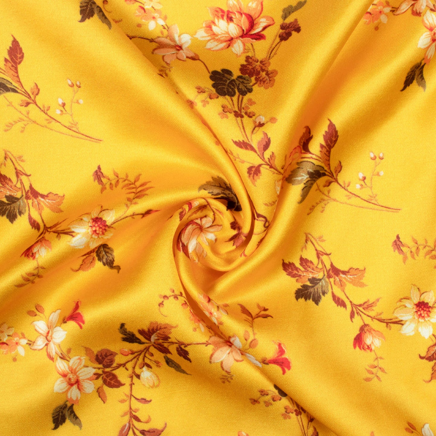 Honey Yellow And Orange Floral Pattern Digital Print Premium Lush Satin Fabric