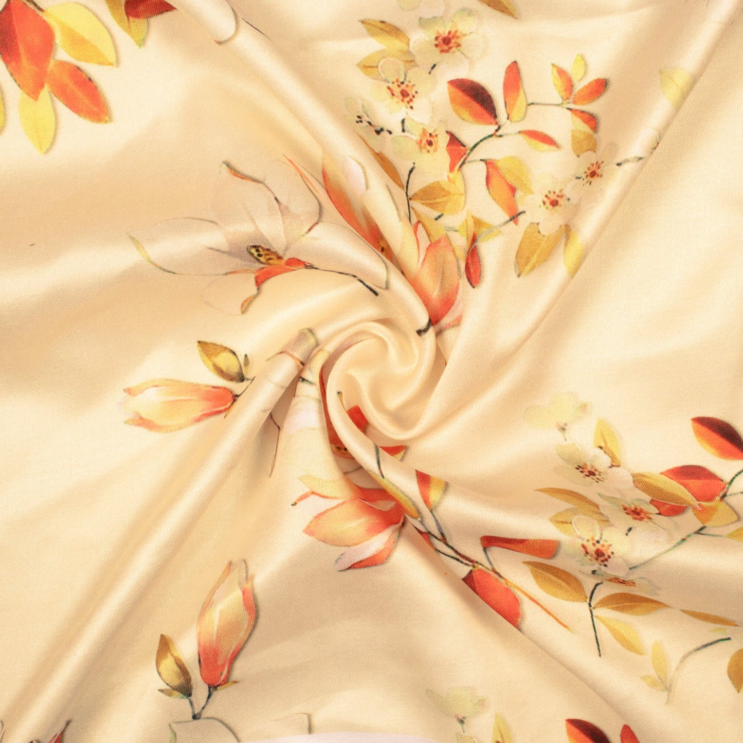 Oat Beige And Orange Floral Pattern Digital Print Premium Lush Satin Fabric