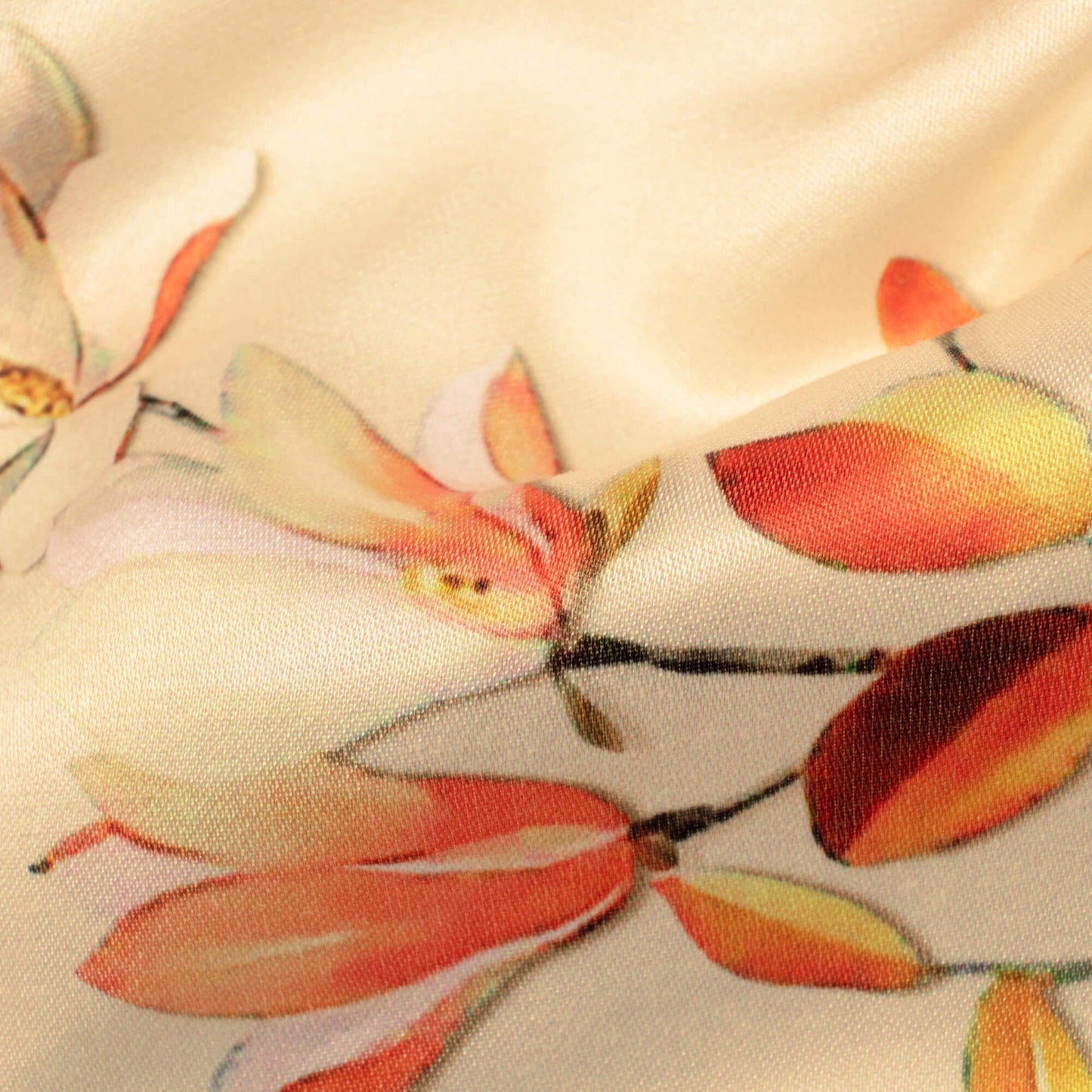 Oat Beige And Orange Floral Pattern Digital Print Premium Lush Satin Fabric