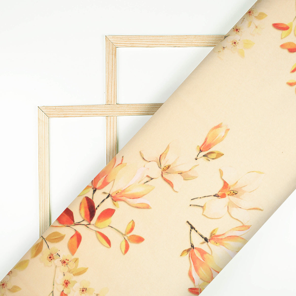 Oat Beige And Orange Floral Pattern Digital Print Premium Lush Satin Fabric