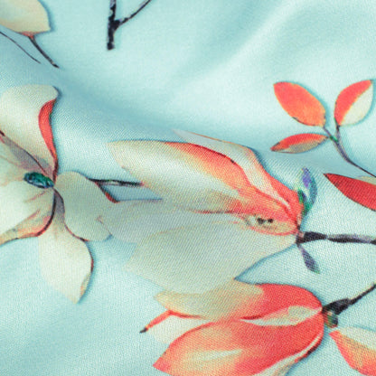 Electric Blue And Orange Floral Pattern Digital Print Premium Lush Satin Fabric