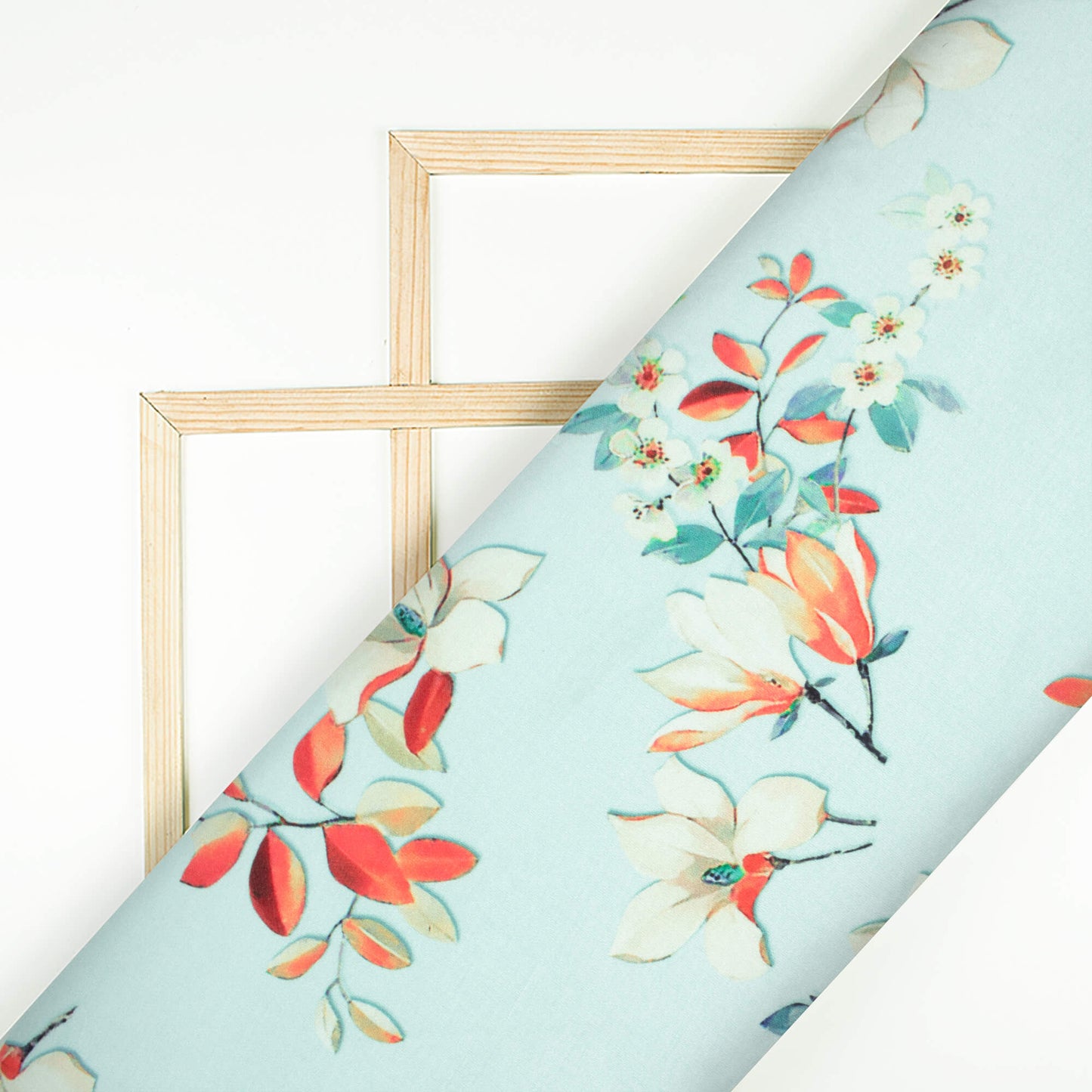 Electric Blue And Orange Floral Pattern Digital Print Premium Lush Satin Fabric