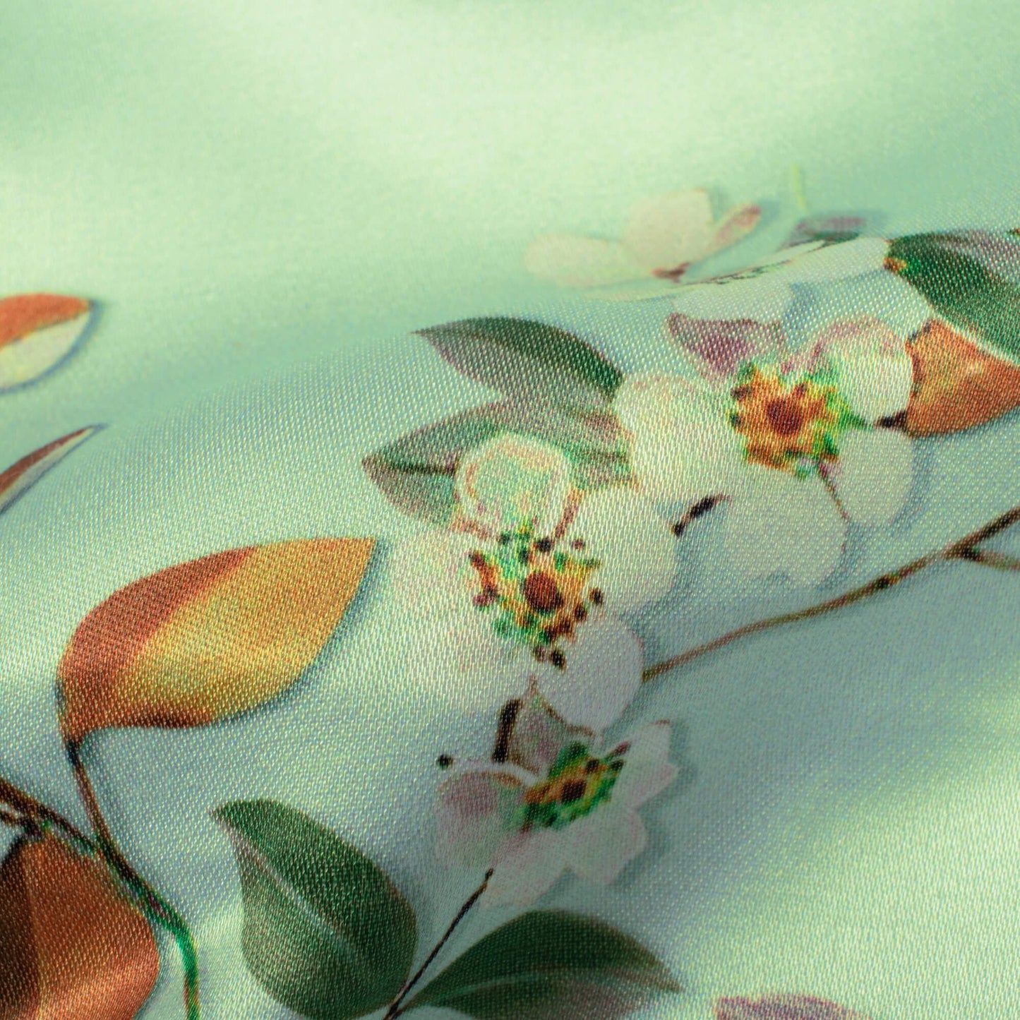 Aero Blue And Brown Floral Pattern Digital Print Premium Lush Satin Fabric