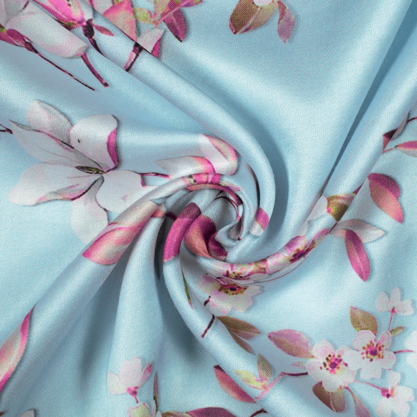 Blizzard Blue And Pink Floral Pattern Digital Print Premium Lush Satin Fabric