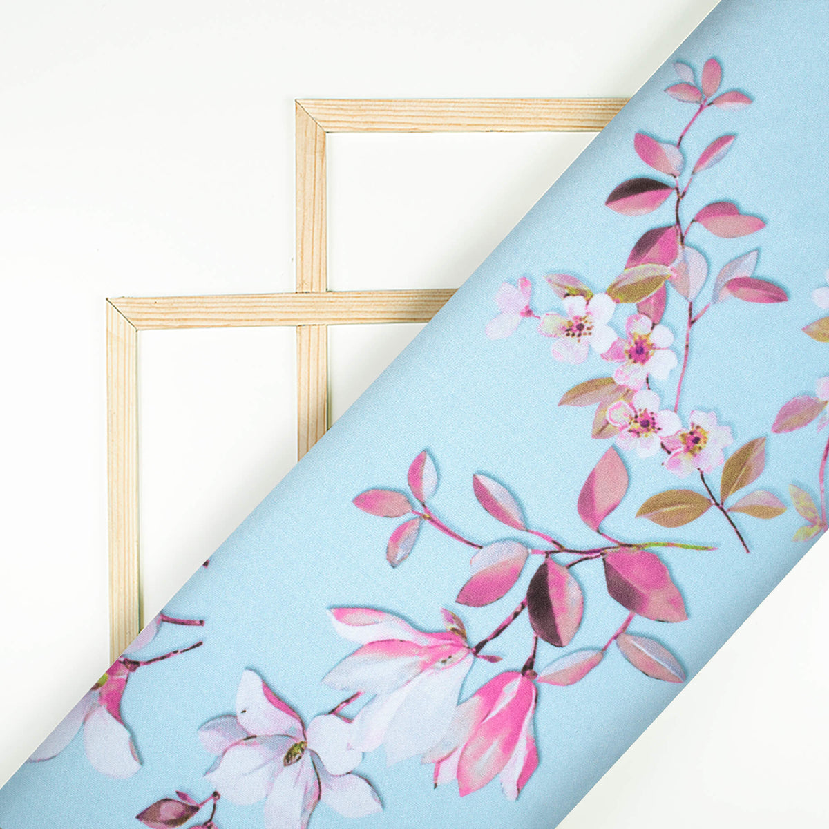 Blizzard Blue And Pink Floral Pattern Digital Print Premium Lush Satin Fabric