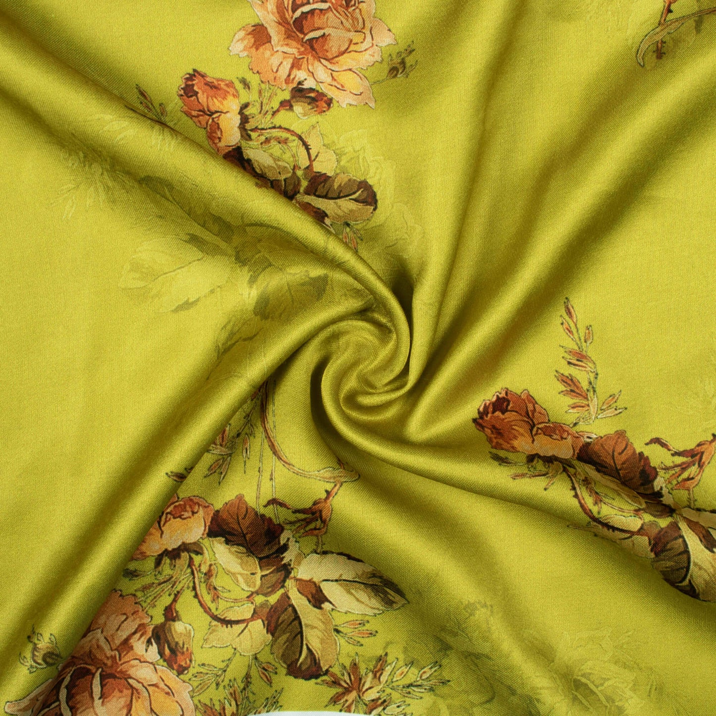 Olive Green And Brown Floral Pattern Digital Print Premium Lush Satin Fabric