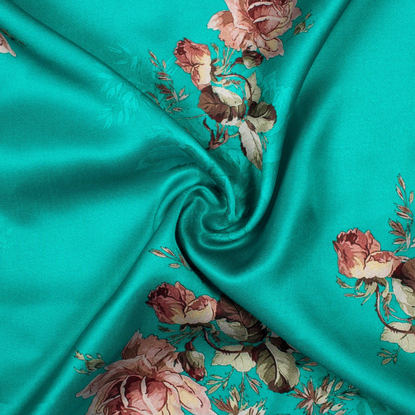 Teal Blue And Rosewood Pink Floral Pattern Digital Print Premium Lush Satin Fabric