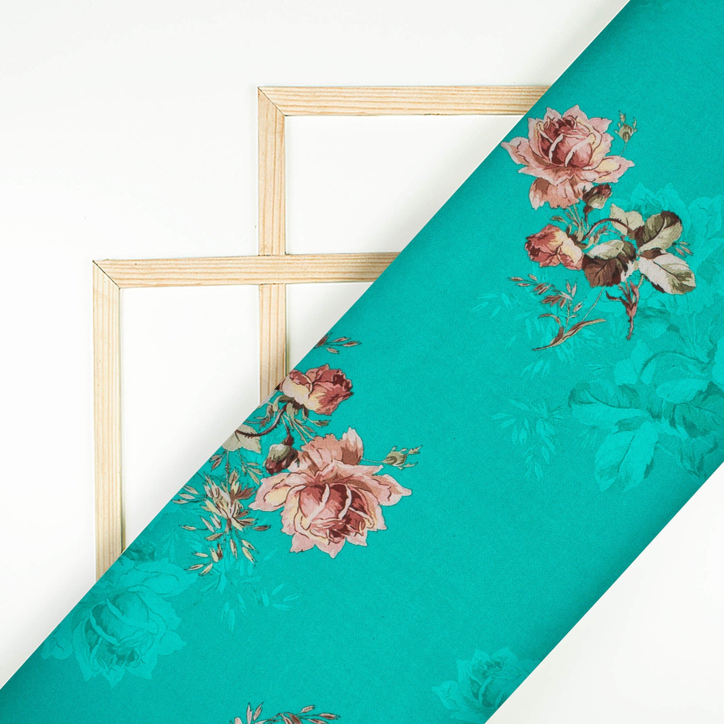 Teal Blue And Rosewood Pink Floral Pattern Digital Print Premium Lush Satin Fabric