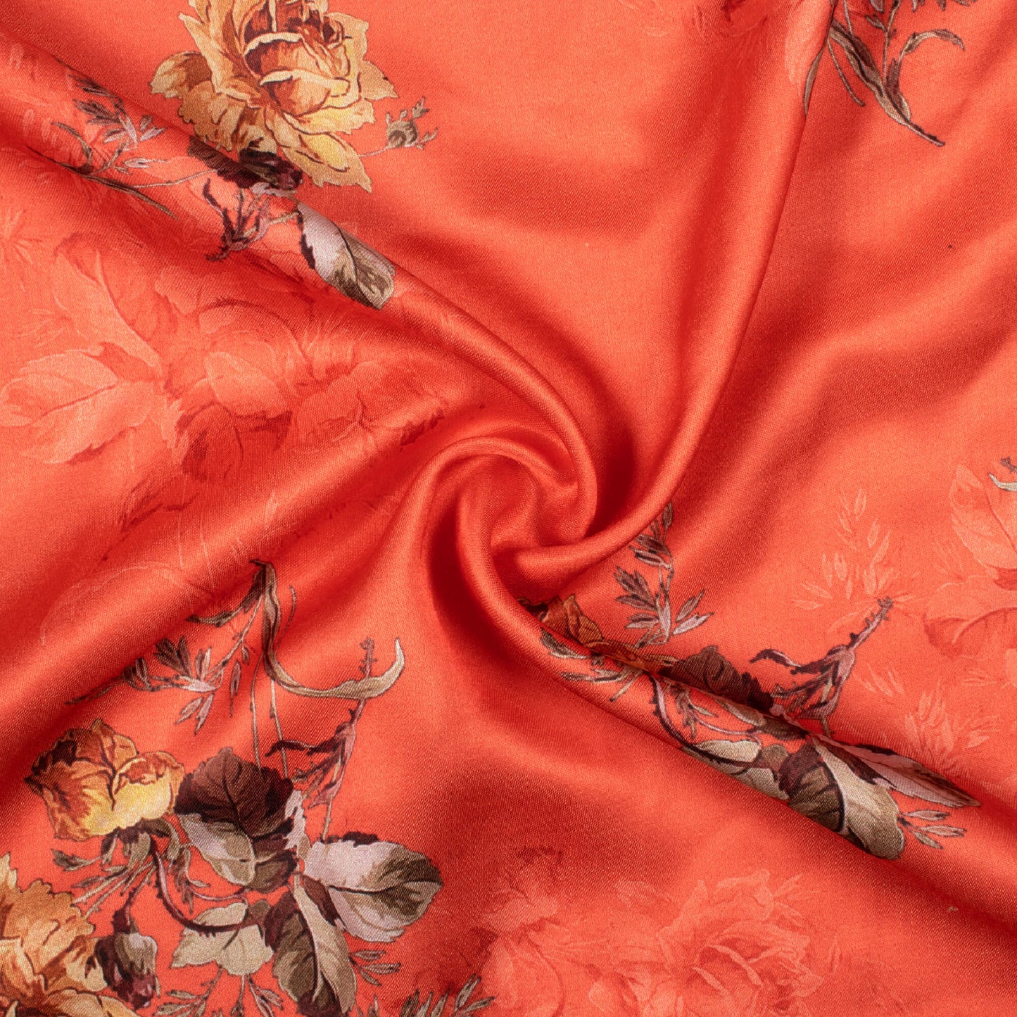 Rust Orange And Brown Floral Pattern Digital Print Premium Lush Satin Fabric