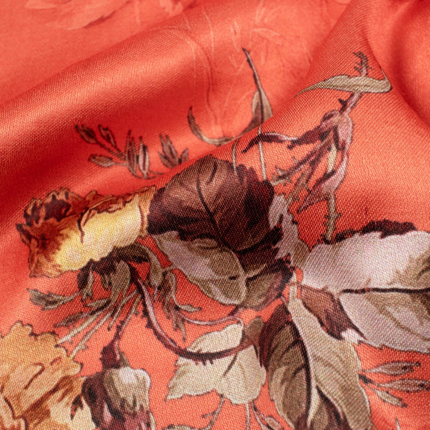 Rust Orange And Brown Floral Pattern Digital Print Premium Lush Satin Fabric