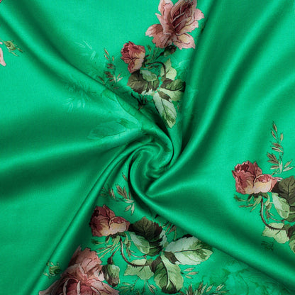 Jade Green And Rosewood Pink Floral Pattern Digital Print Premium Lush Satin Fabric