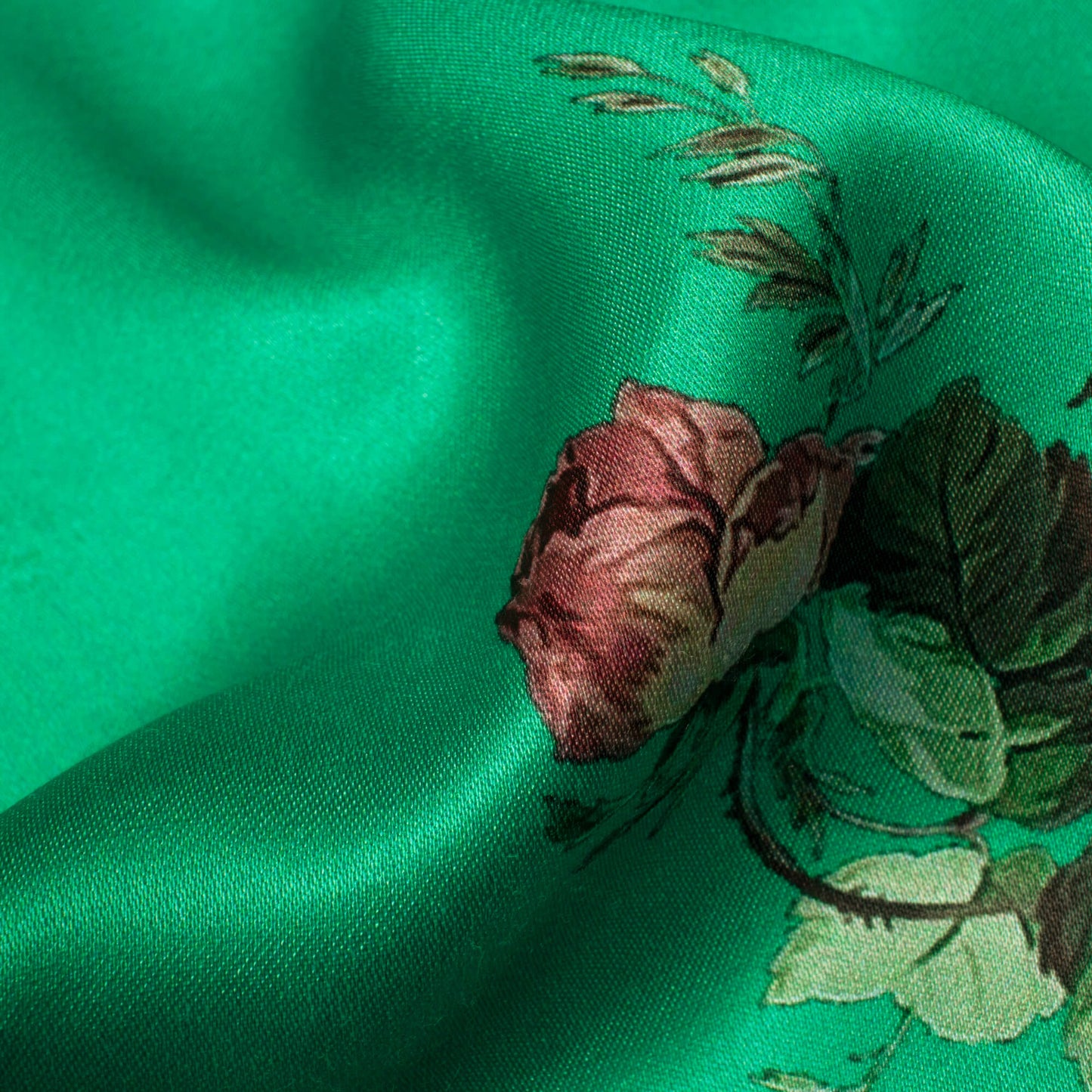 Jade Green And Rosewood Pink Floral Pattern Digital Print Premium Lush Satin Fabric
