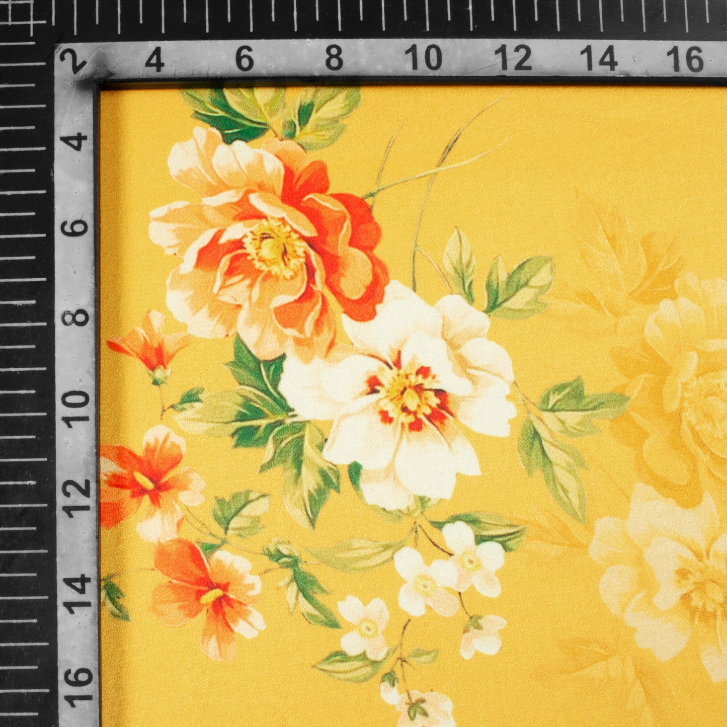 Mustard Yellow And Orange Floral Pattern Digital Print Premium Lush Satin Fabric