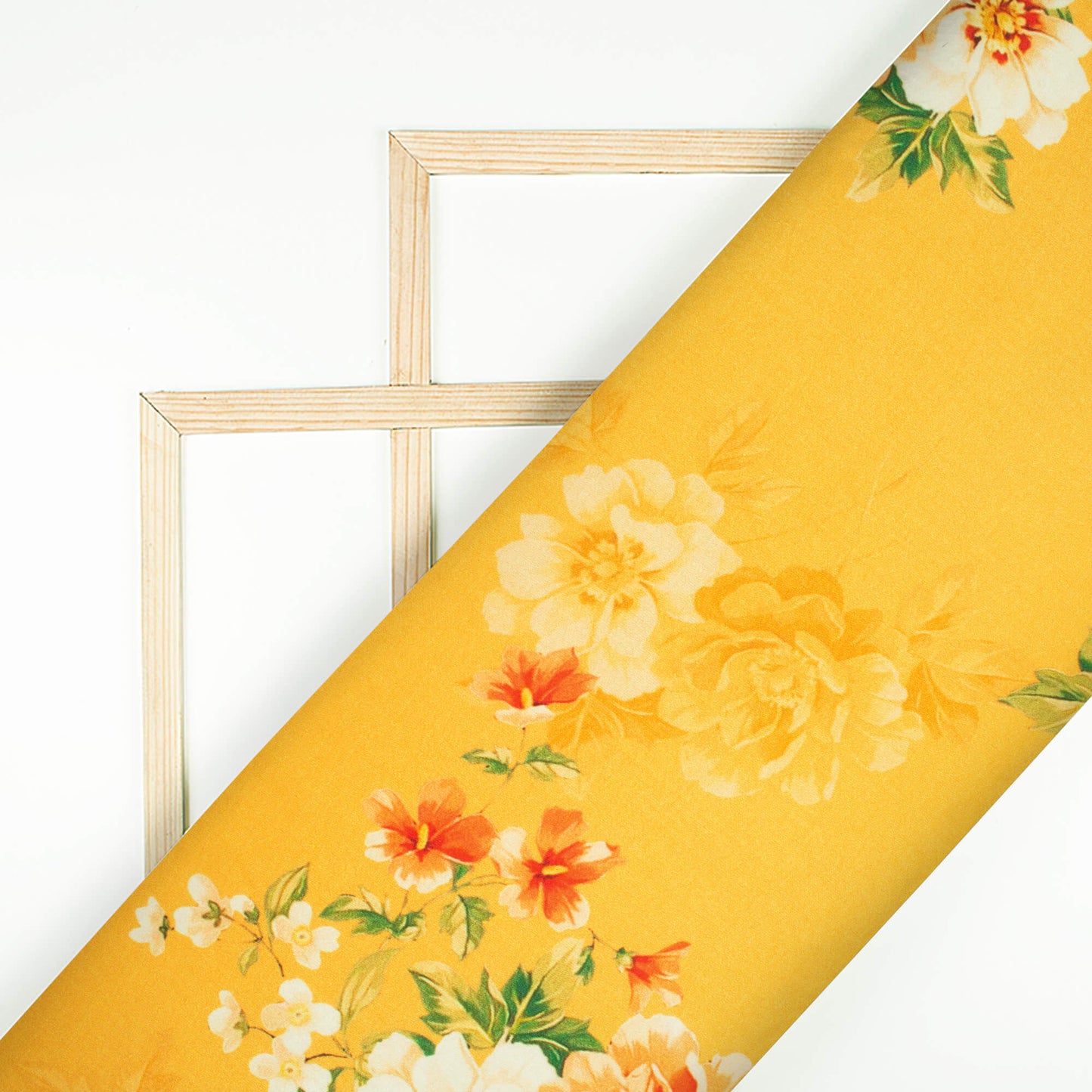 Mustard Yellow And Orange Floral Pattern Digital Print Premium Lush Satin Fabric