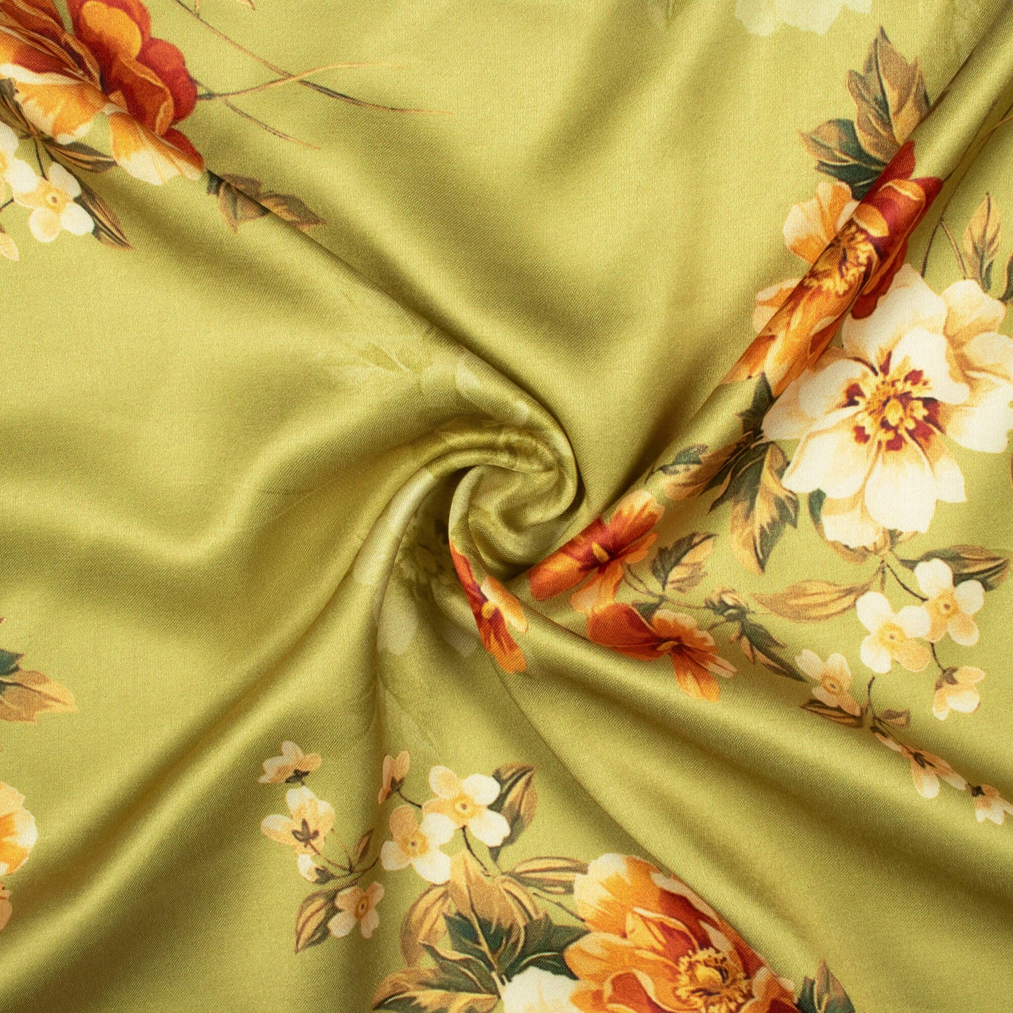 Moss Green And Spice Orange Floral Pattern Digital Print Premium Lush Satin Fabric