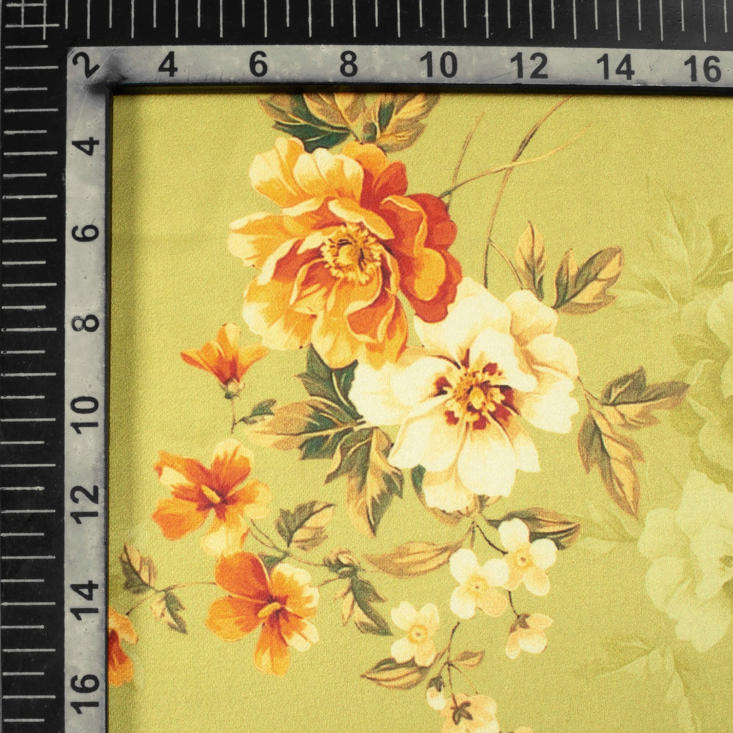 Moss Green And Spice Orange Floral Pattern Digital Print Premium Lush Satin Fabric