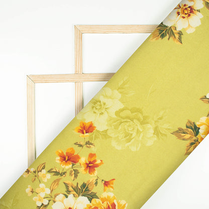 Moss Green And Spice Orange Floral Pattern Digital Print Premium Lush Satin Fabric