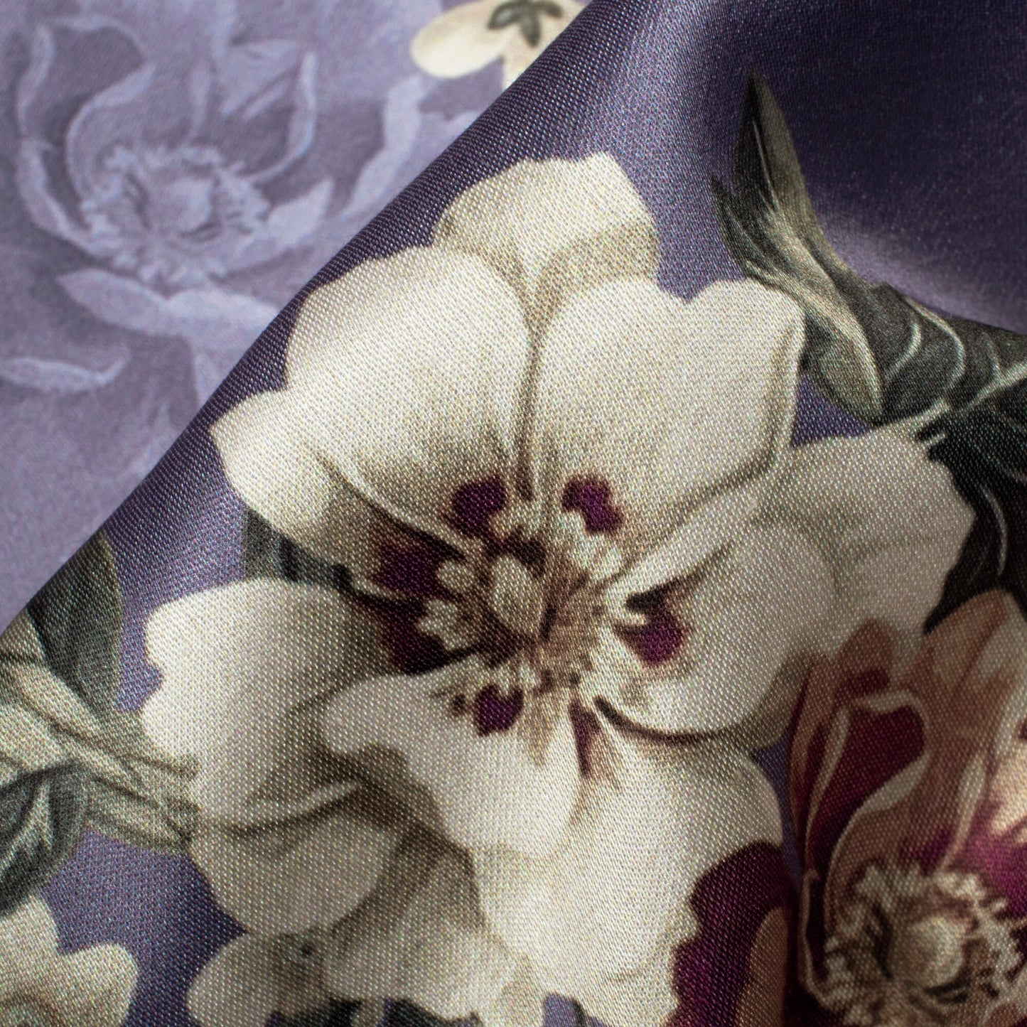 Slate Grey And Cream Floral Pattern Digital Print Premium Lush Satin Fabric