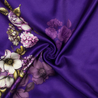 Violet Purple And White Floral Pattern Digital Print Premium Lush Satin Fabric