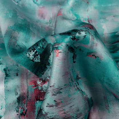 Turquoise And Red Abstract Pattern Digital Print Premium Lush Satin Fabric
