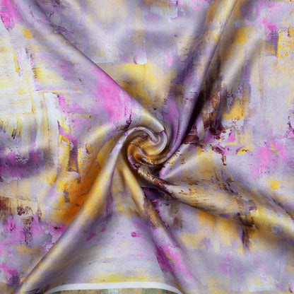 Orchid Purple And Yellow Abstract Pattern Digital Print Premium Lush Satin Fabric