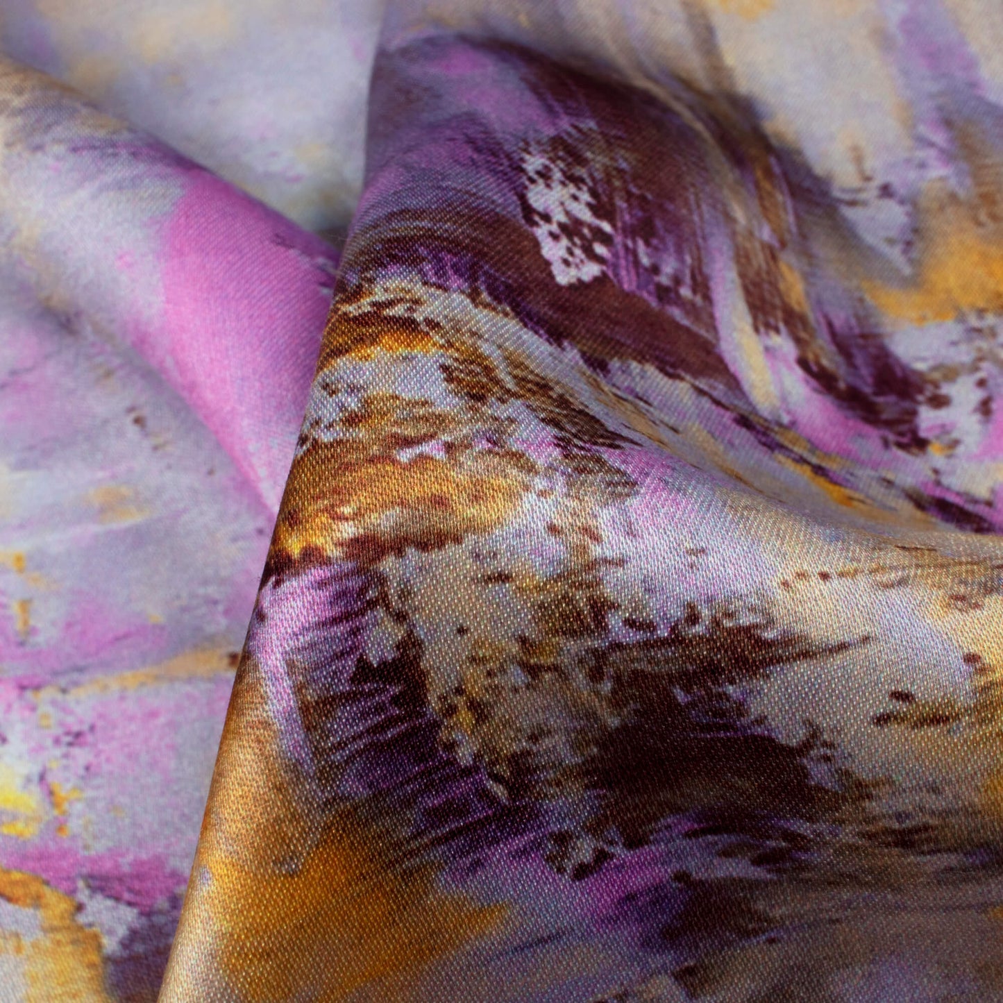 Orchid Purple And Yellow Abstract Pattern Digital Print Premium Lush Satin Fabric
