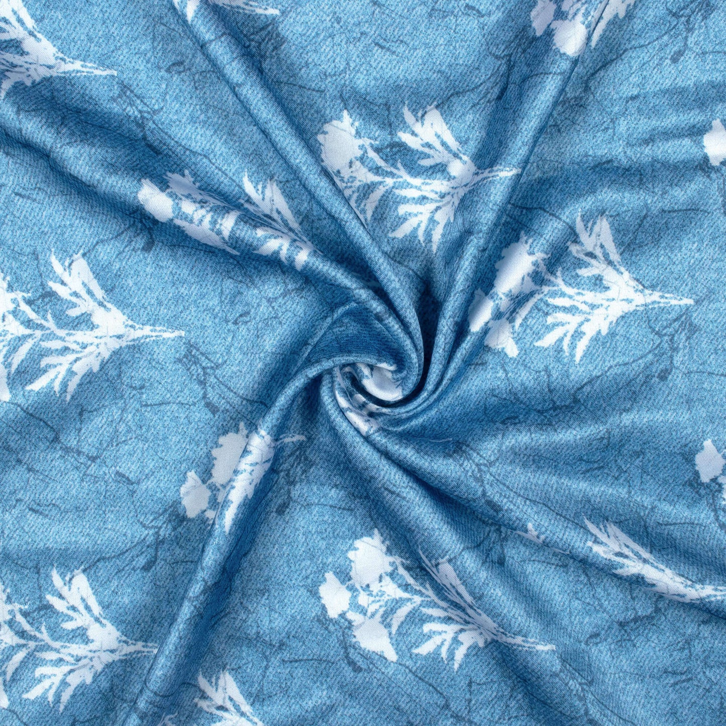 Chetwode Blue And White Floral Pattern Digital Print Premium Lush Satin Fabric