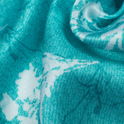 Turqoise And White Floral Pattern Digital Print Premium Lush Satin Fabric