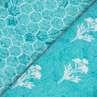 Turqoise And White Floral Pattern Digital Print Premium Lush Satin Fabric