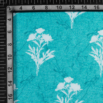 Turqoise And White Floral Pattern Digital Print Premium Lush Satin Fabric
