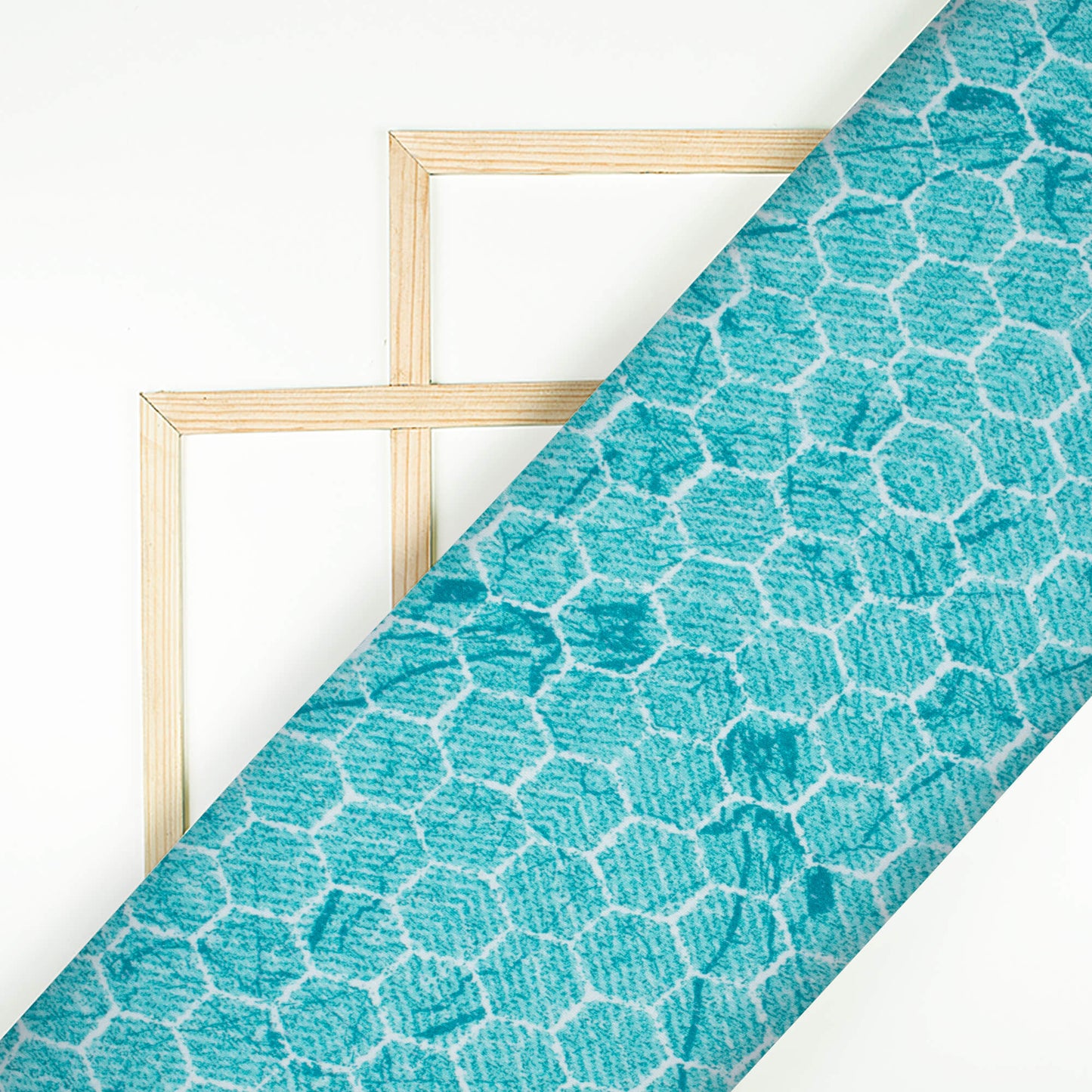 Turqoise And White Geometric Pattern Digital Print Premium Lush Satin Fabric