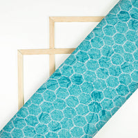 Turqoise And White Geometric Pattern Digital Print Premium Lush Satin Fabric