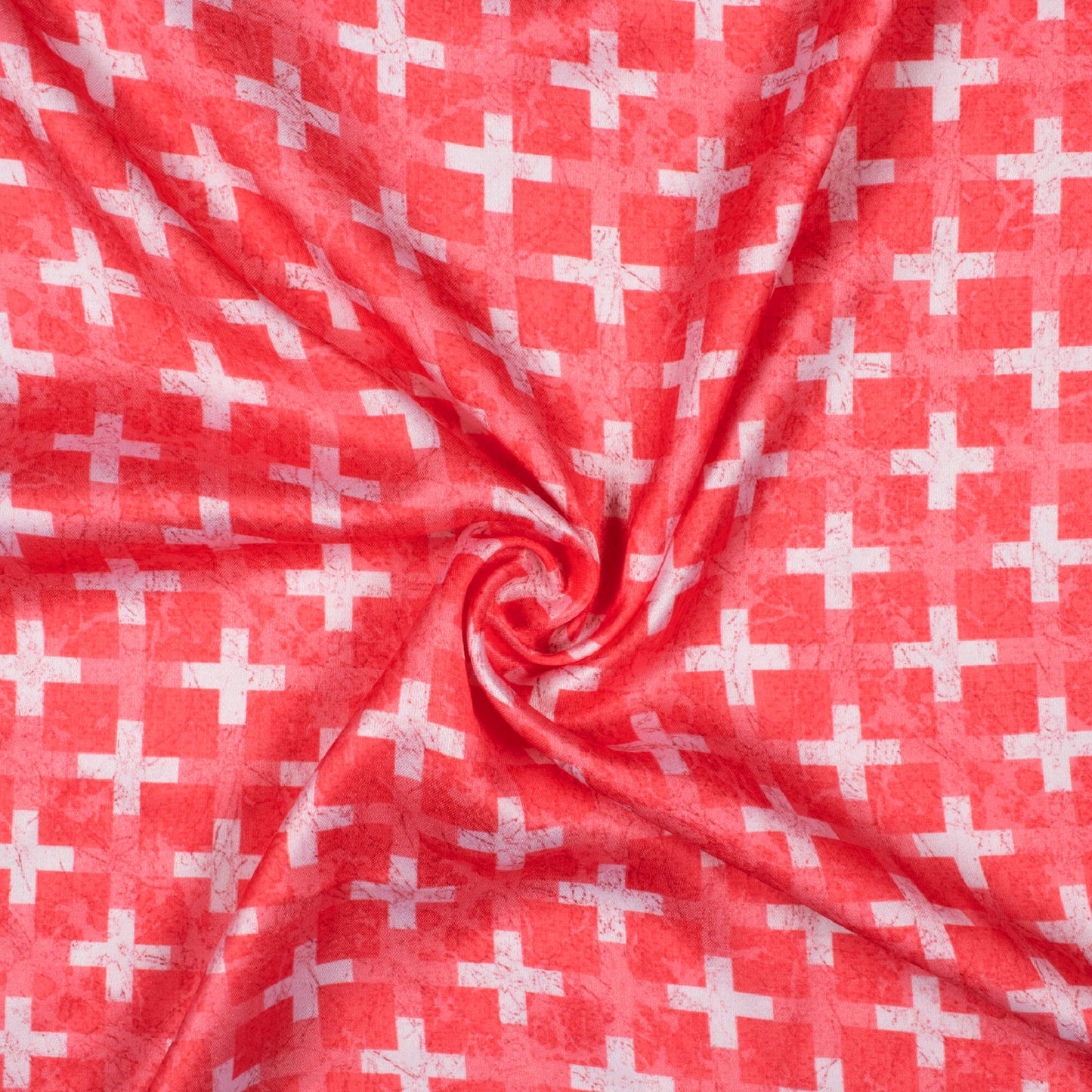 Punch Pink And White Geometric Pattern Digital Print Premium Lush Satin Fabric