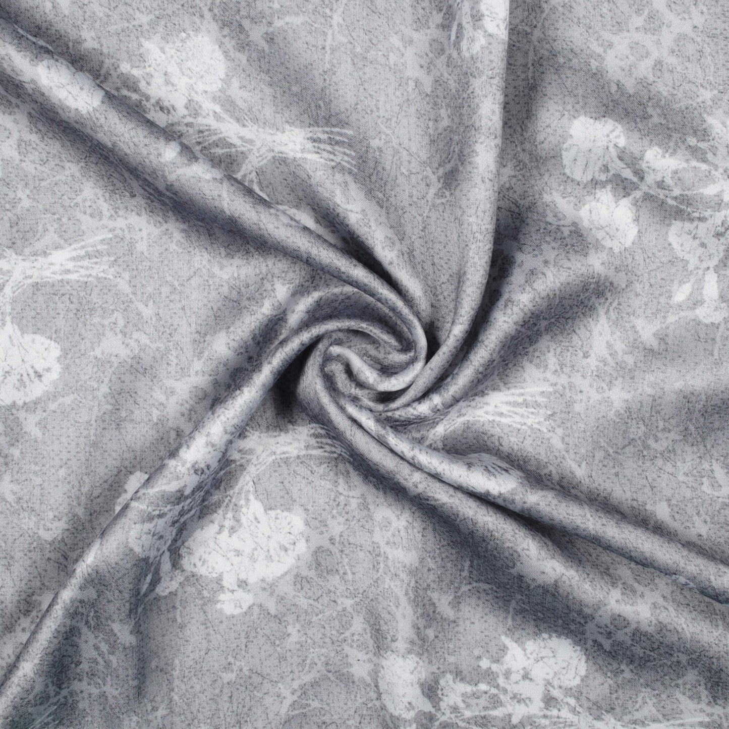 Grey And White Floral Pattern Digital Print Premium Lush Satin Fabric