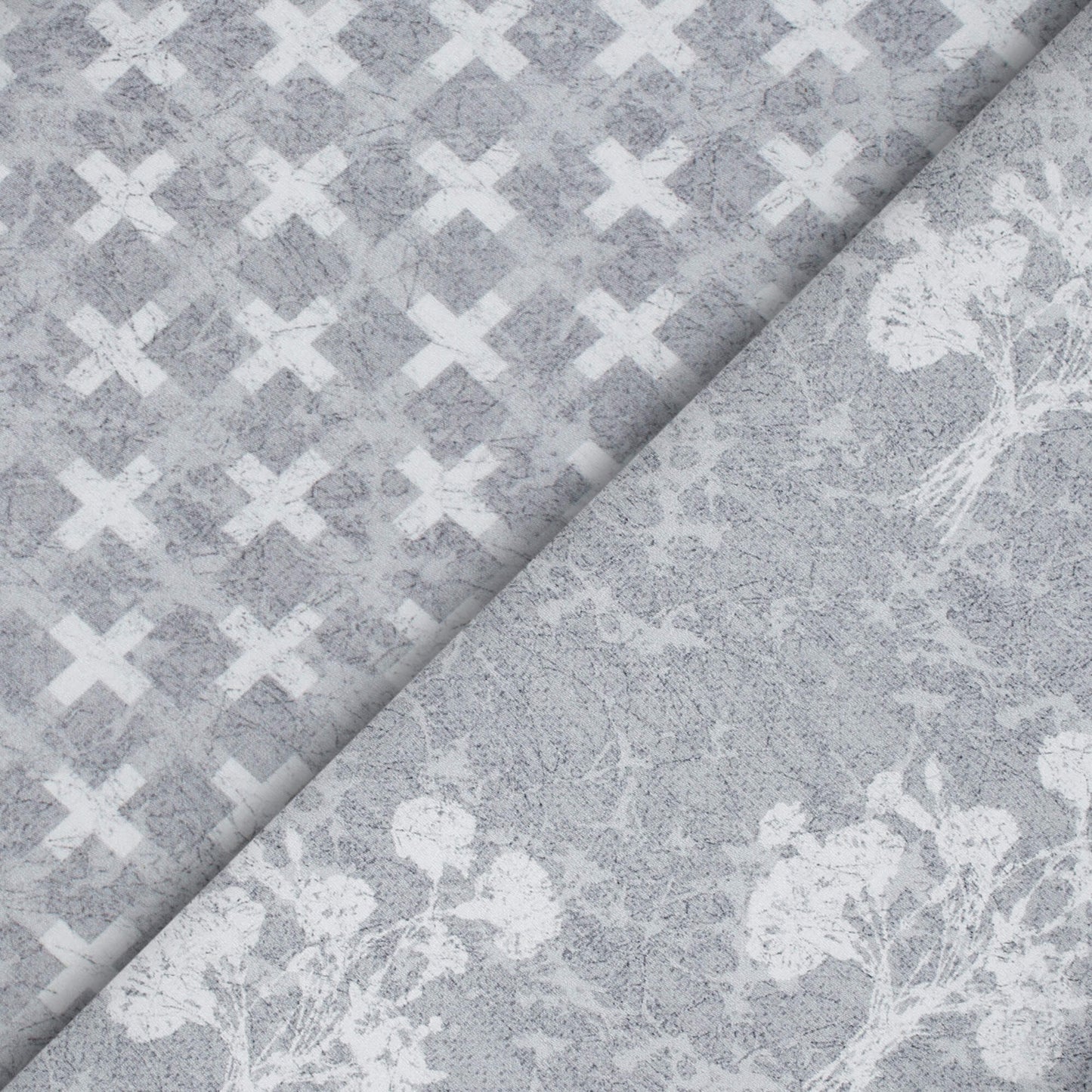 Grey And White Floral Pattern Digital Print Premium Lush Satin Fabric