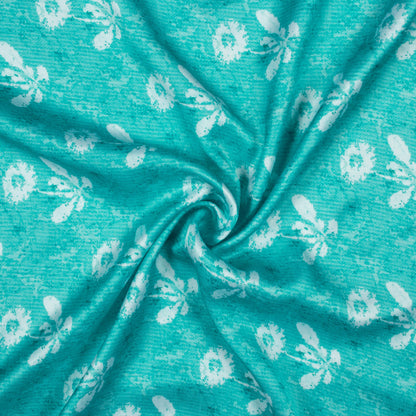 Sky Blue And White Floral Pattern Digital Print Premium Lush Satin Fabric