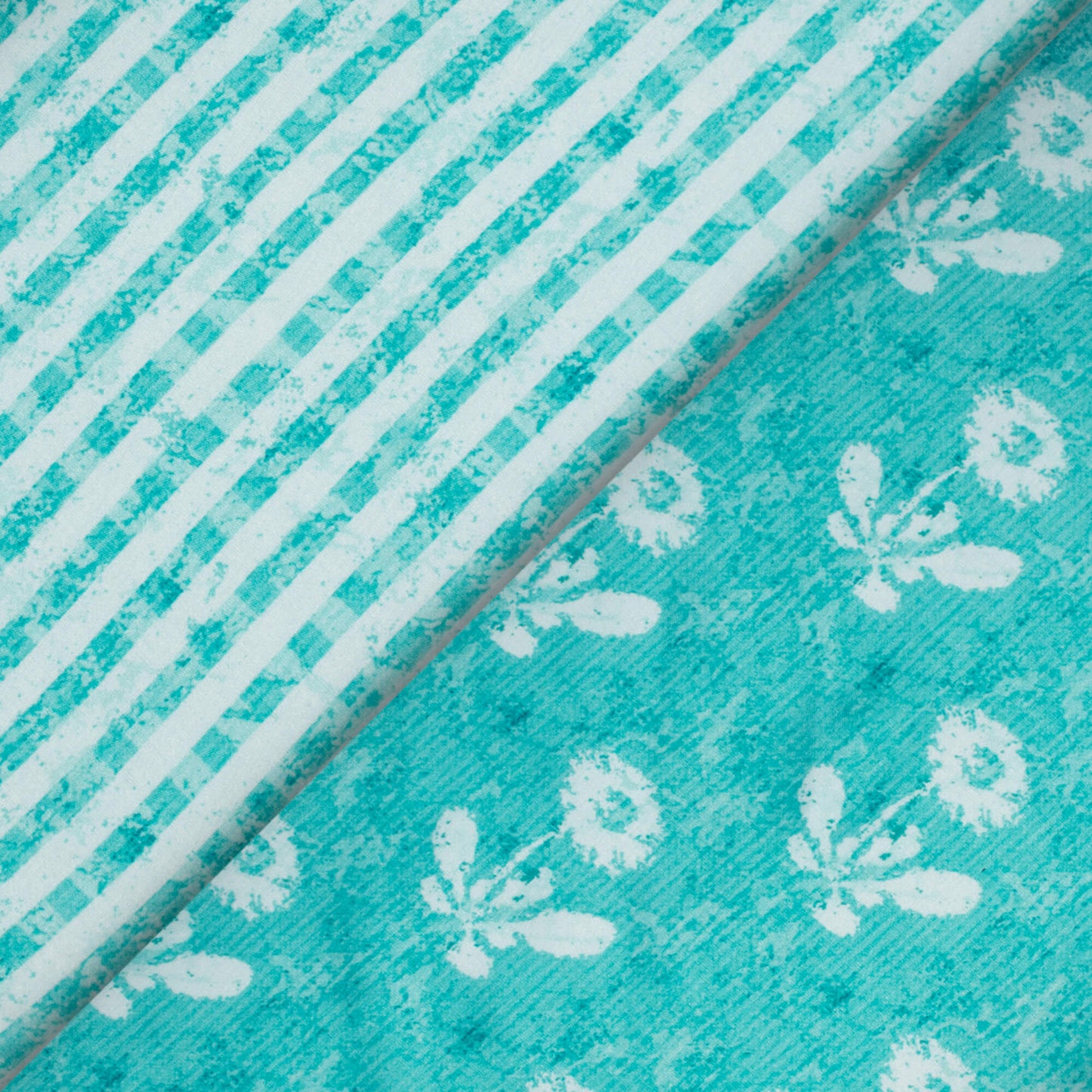 Sky Blue And White Floral Pattern Digital Print Premium Lush Satin Fabric