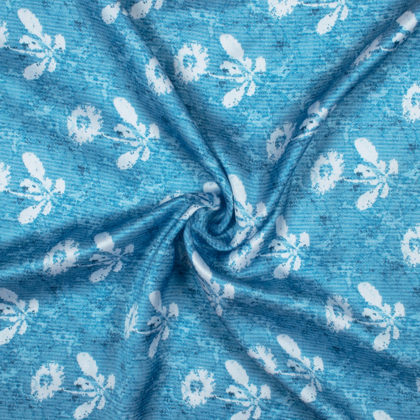 Curious Blue And White Floral Pattern Digital Print Premium Lush Satin Fabric