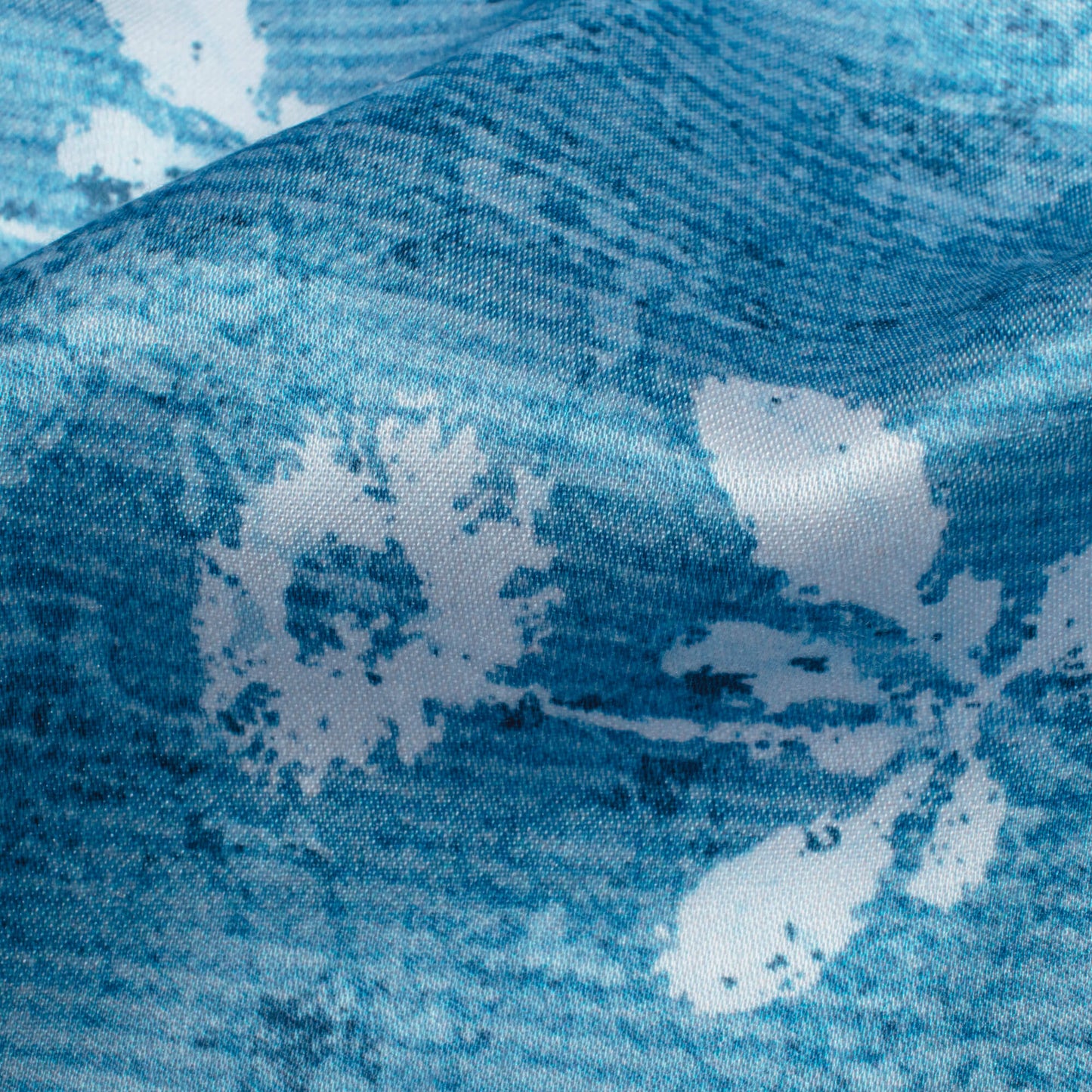 Curious Blue And White Floral Pattern Digital Print Premium Lush Satin Fabric