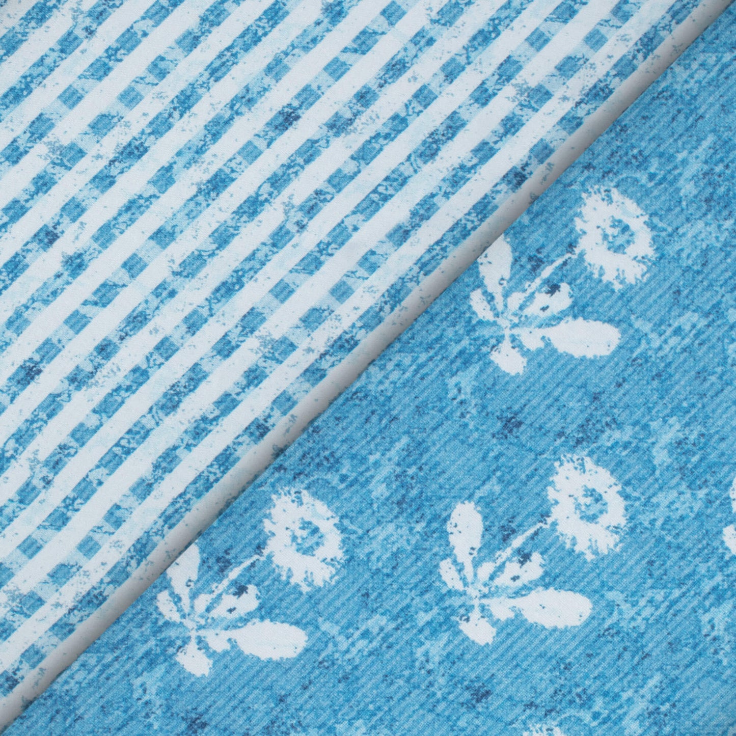 Curious Blue And White Floral Pattern Digital Print Premium Lush Satin Fabric