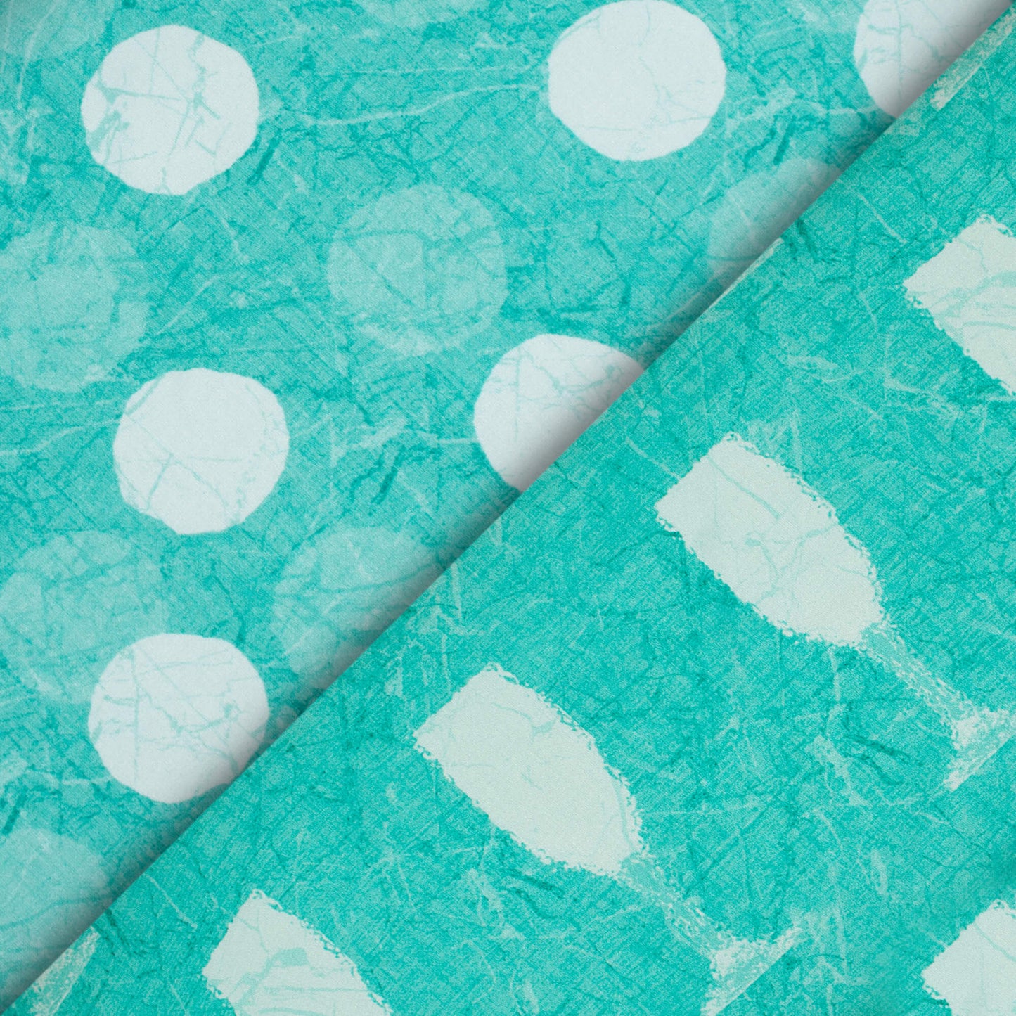 Turquoise And White Geometric Pattern Digital Print Premium Lush Satin Fabric