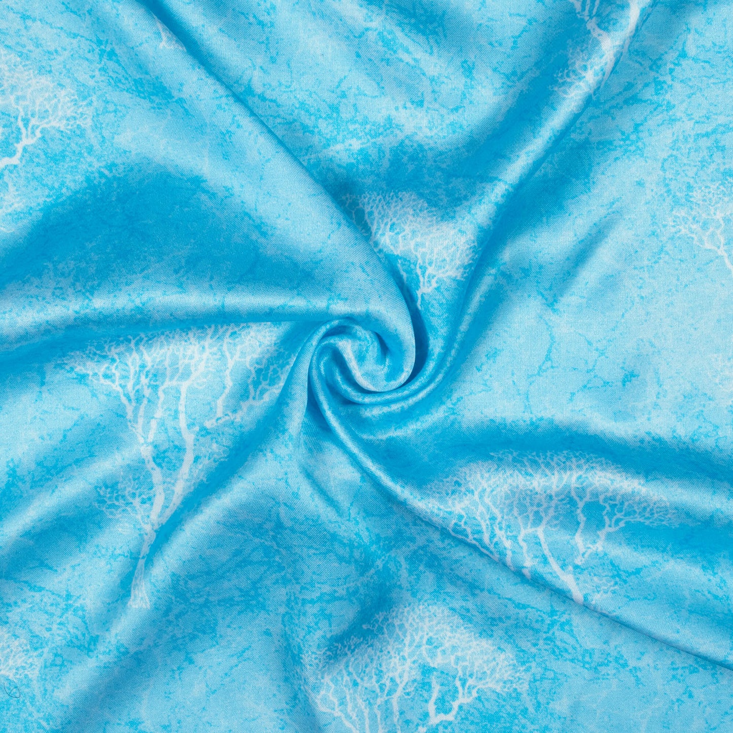 Baby Blue And White Floral Pattern Digital Print Premium Lush Satin Fabric