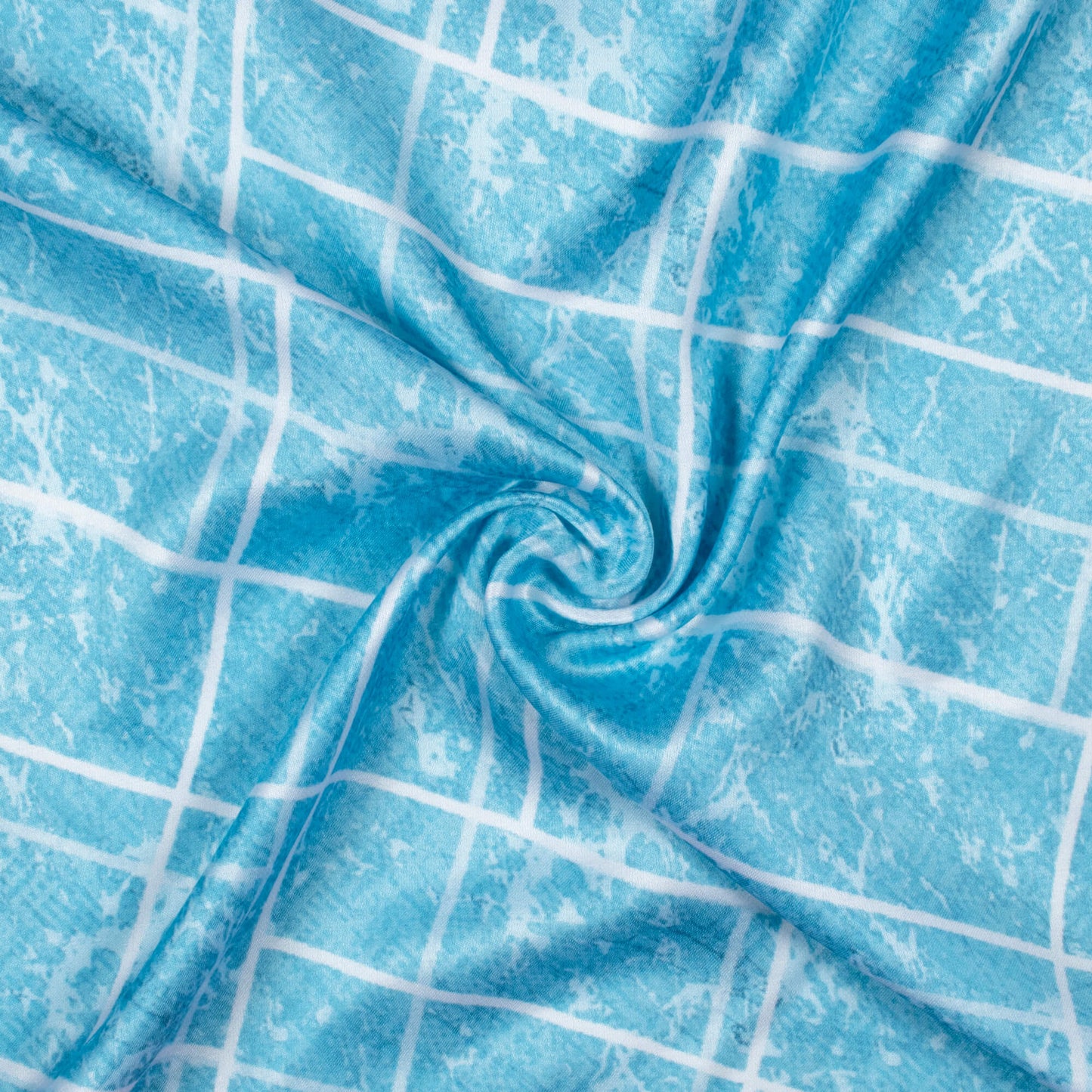 Sky Blue And White Geometric Pattern Digital Print Premium Lush Satin Fabric