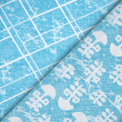 Sky Blue And White Geometric Pattern Digital Print Premium Lush Satin Fabric