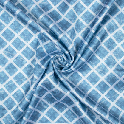 Chetwode Blue And White Checks Pattern Digital Print Premium Lush Satin Fabric