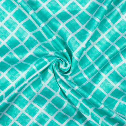 Turquoise And White Geometric Pattern Digital Print Premium Lush Satin Fabric