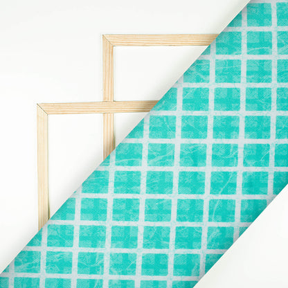Turquoise And White Geometric Pattern Digital Print Premium Lush Satin Fabric