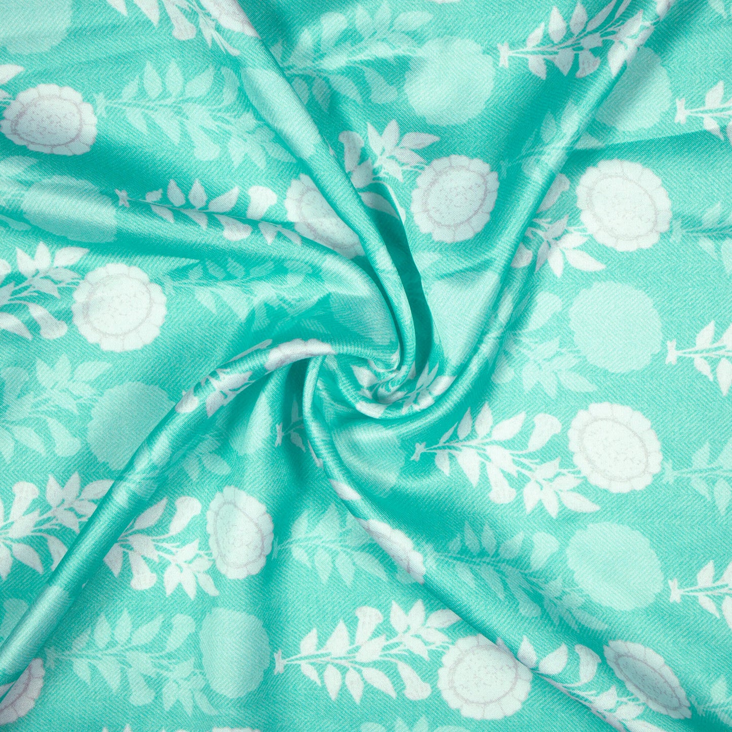 Turquoise And White Floral Pattern Digital Print Premium Lush Satin Fabric